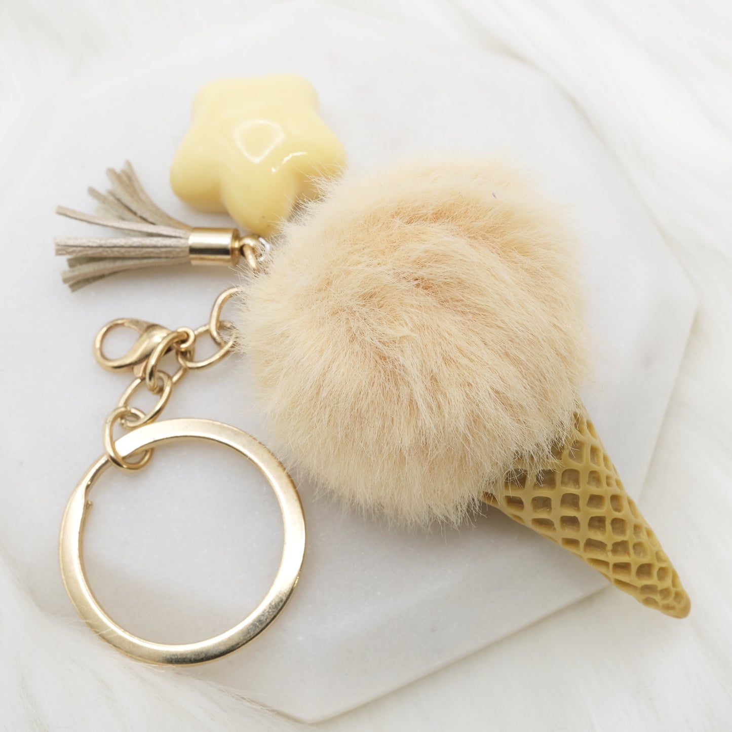 Beige Pom Pom Ice Cream Keychain