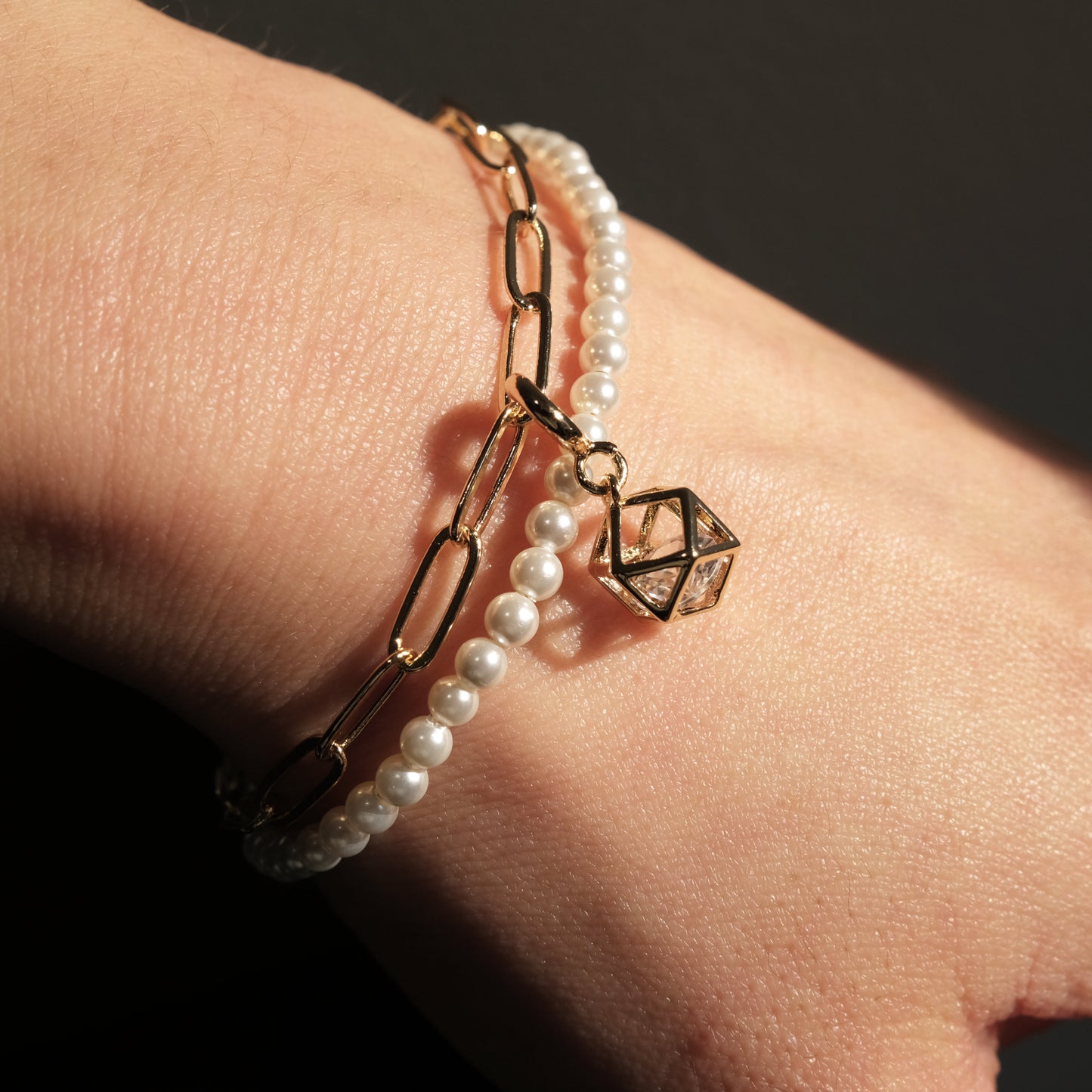 Cubic Bling Artisan Pearl Chain Bracelet