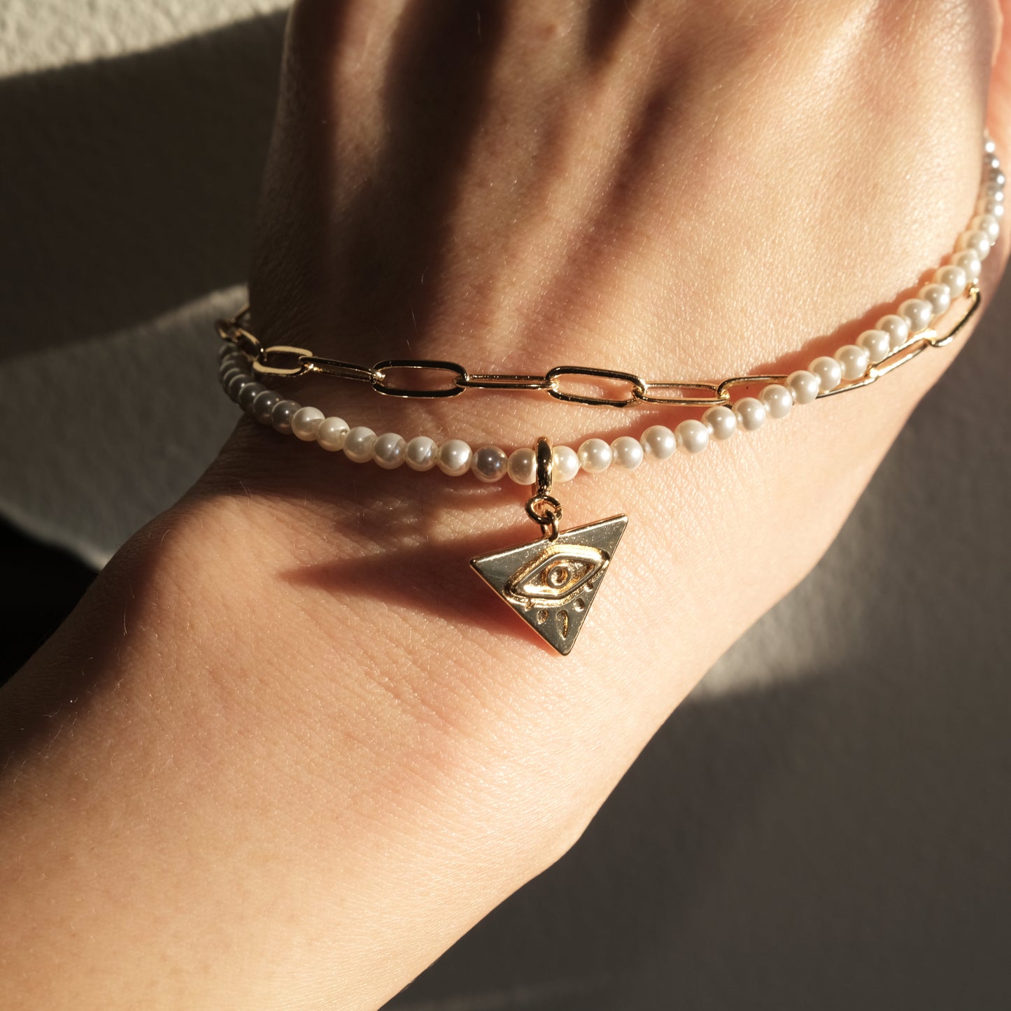 Triangle Evil Eye Artisan Pearl Chain Bracelet