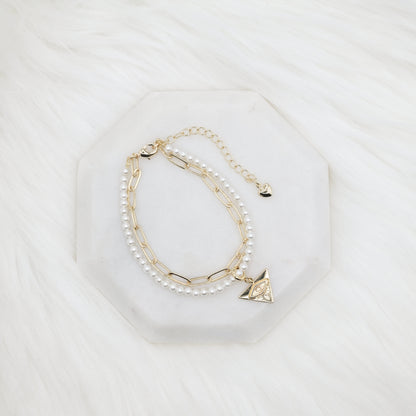 Triangle Evil Eye Artisan Pearl Chain Bracelet