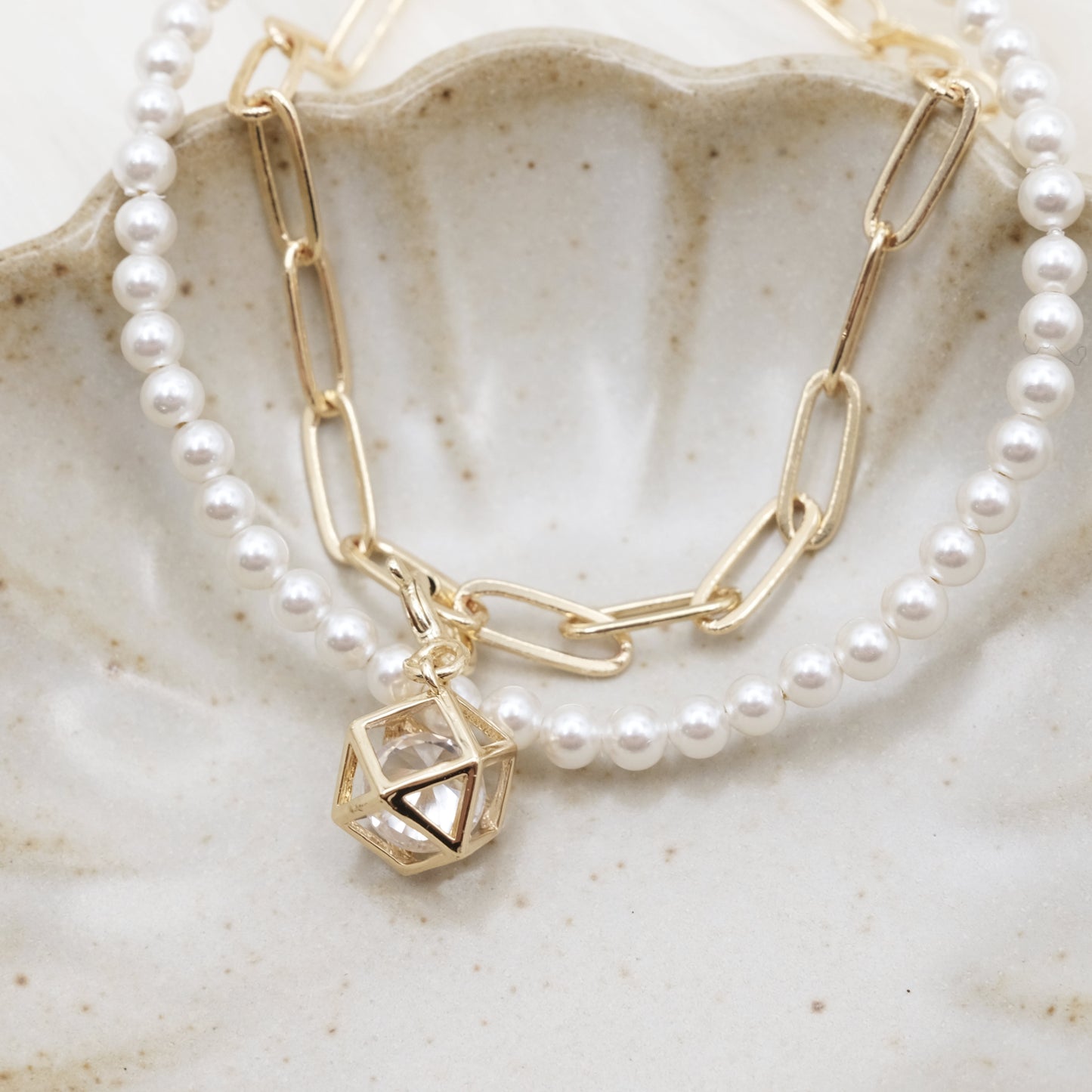 Cubic Bling Artisan Pearl Chain Bracelet