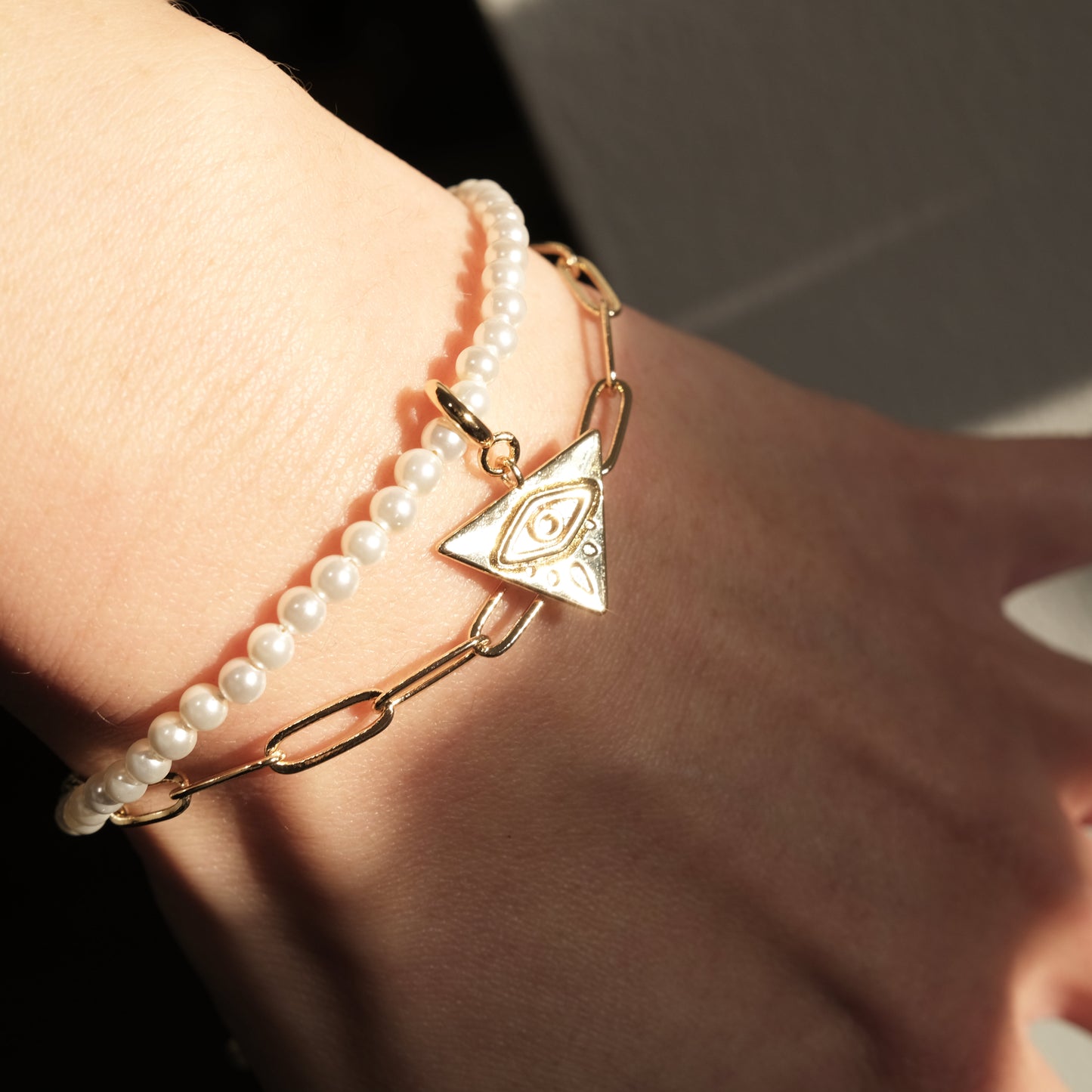 Triangle Evil Eye Artisan Pearl Chain Bracelet