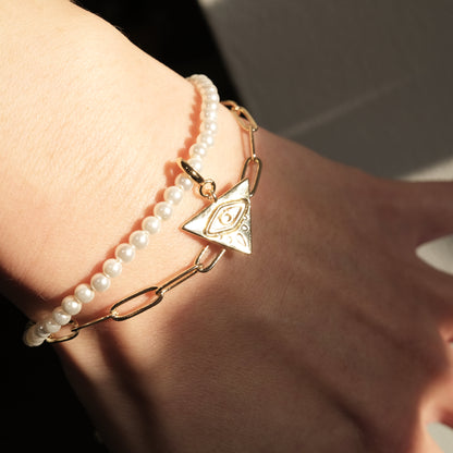 Triangle Evil Eye Artisan Pearl Chain Bracelet