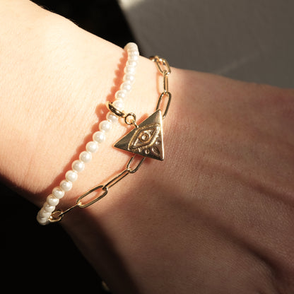 Triangle Evil Eye Artisan Pearl Chain Bracelet