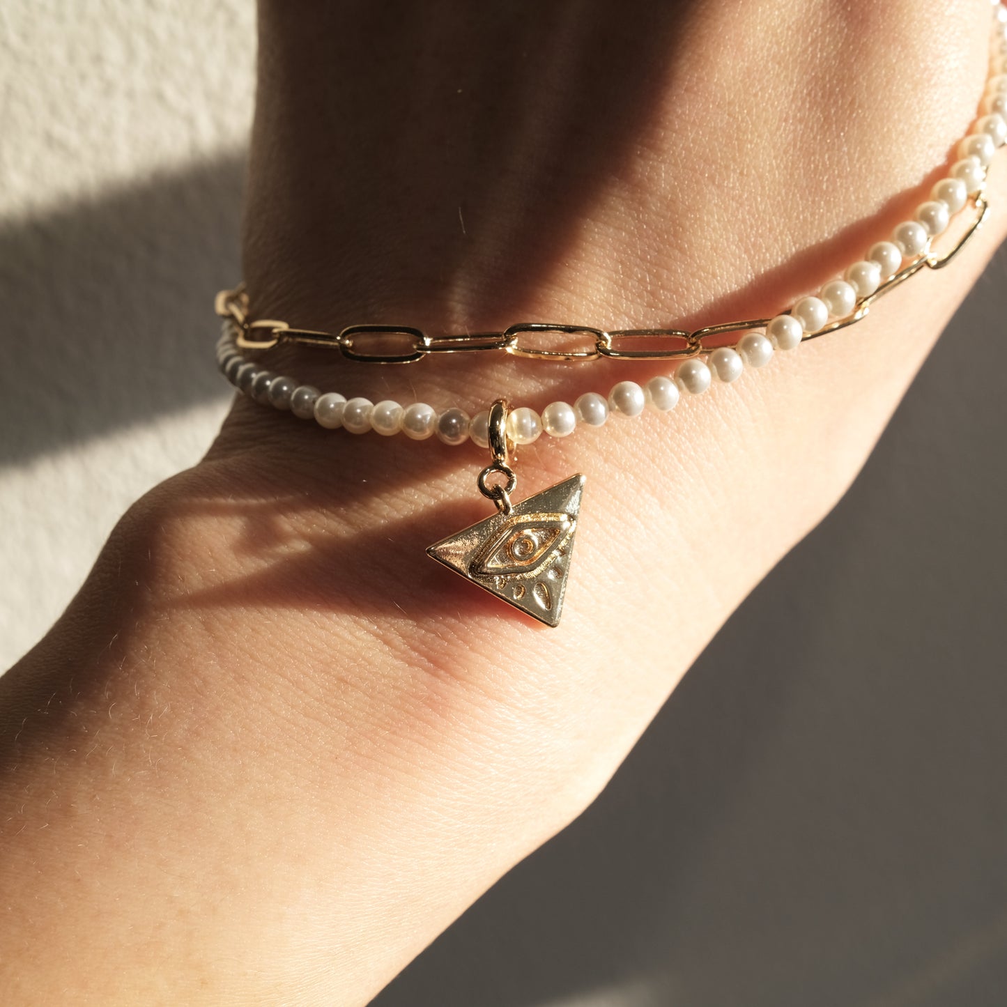Triangle Evil Eye Artisan Pearl Chain Bracelet