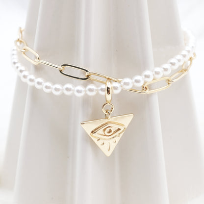 Triangle Evil Eye Artisan Pearl Chain Bracelet